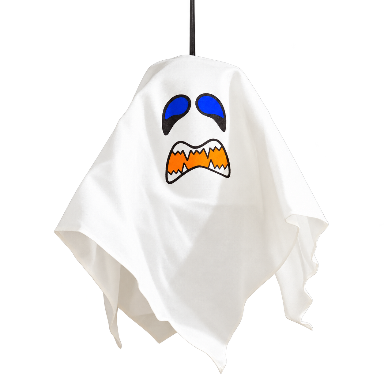 The classic hanging ghost with blue eyes and an orange mouth